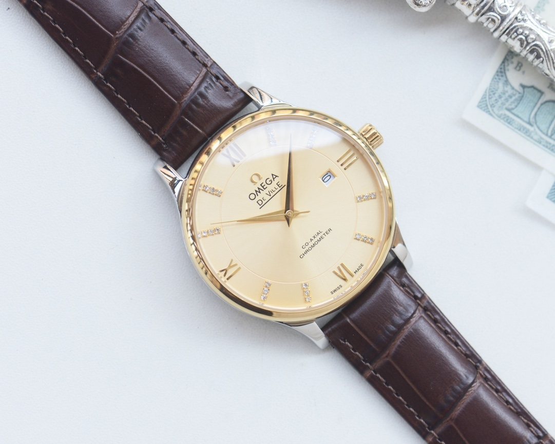 OMEGA Gold Brown Leather Strap Watch — front