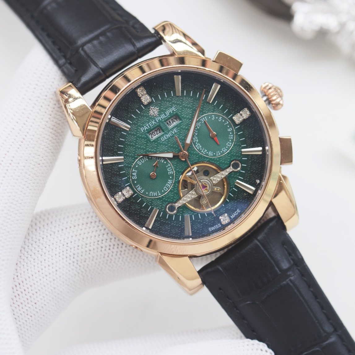 Patek Philippe Gold Black Green Dial Strap Watch — hero