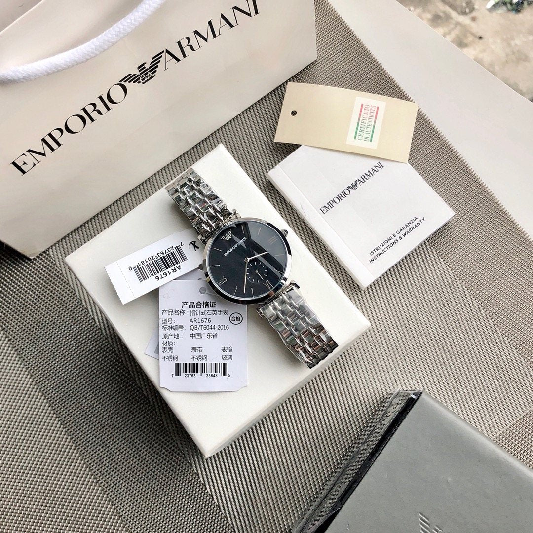 EMPORIO ARMANI Silver Black Dial Bracelet Watch — front