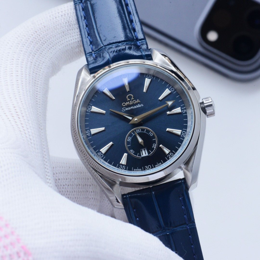 Omega Silver Blue Dial Leather Strap Watch — front