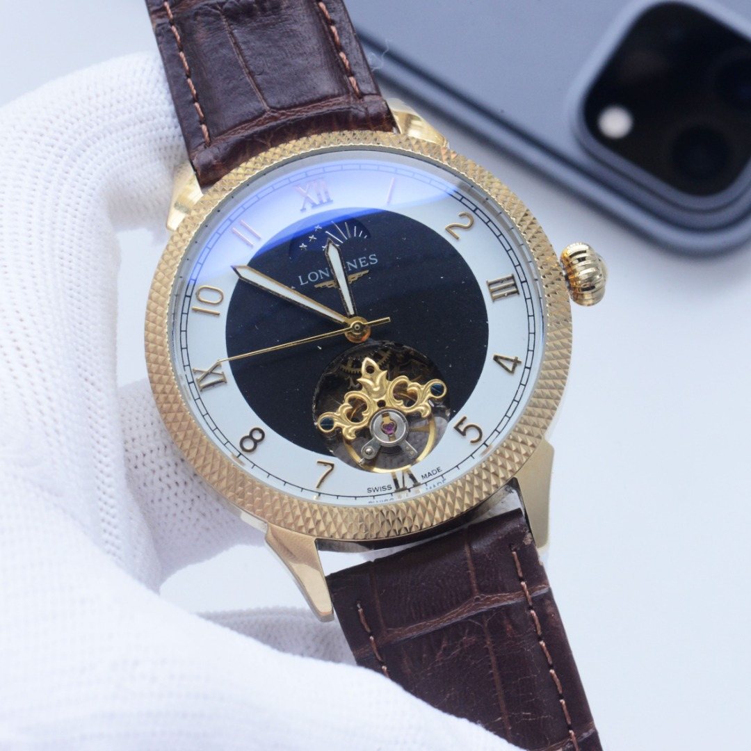 Longines Gold Black White Dial Strap Watch — front