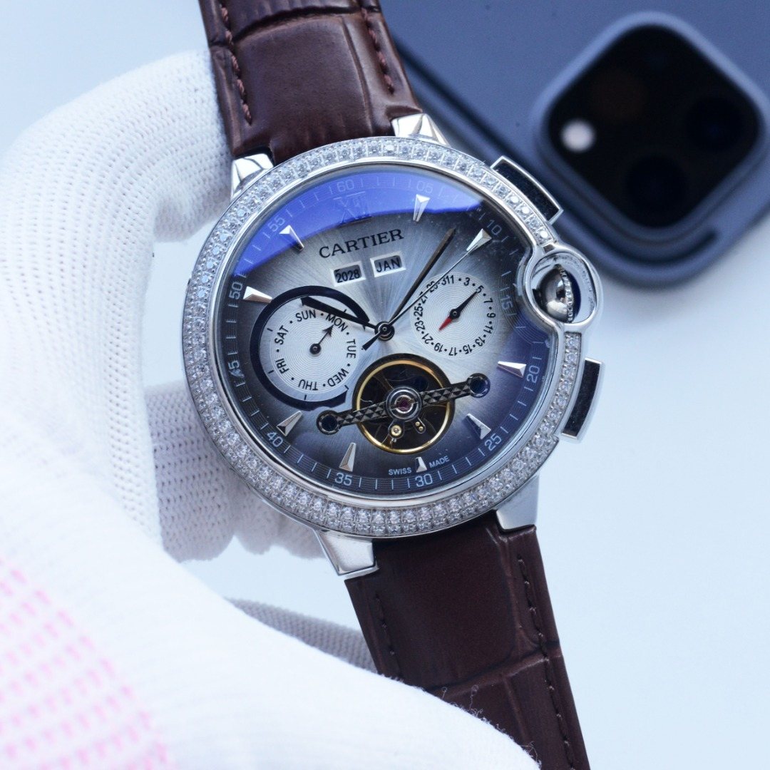 Cartier Brown Blue Silver Dial Leather Strap Watch — hero
