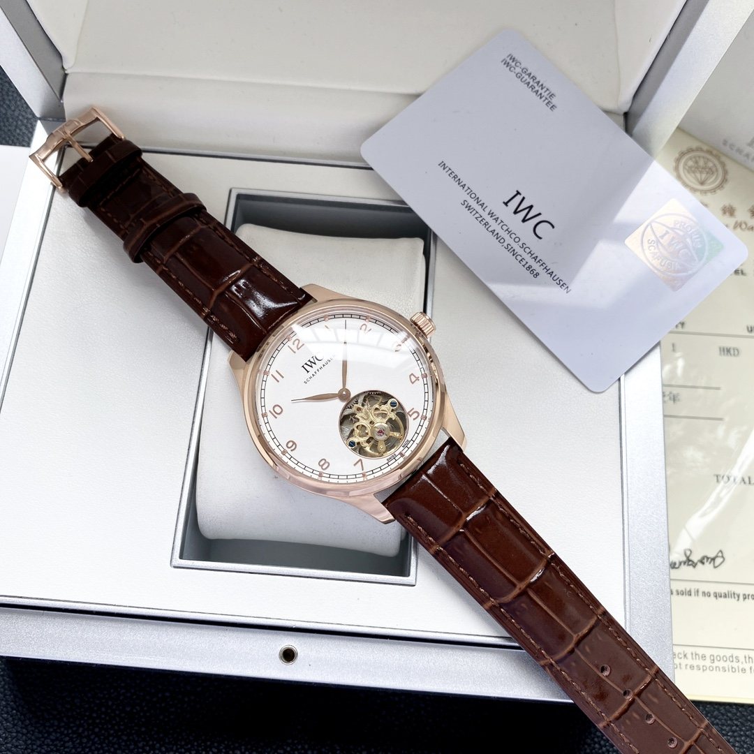 IWC Rose Gold Brown White Dial Strap Watch — front