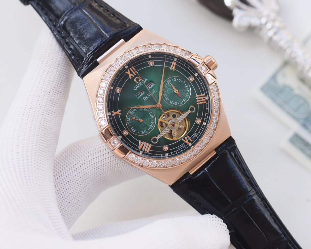 OMEGA Rose Gold Black Green Dial Strap Watch — hero