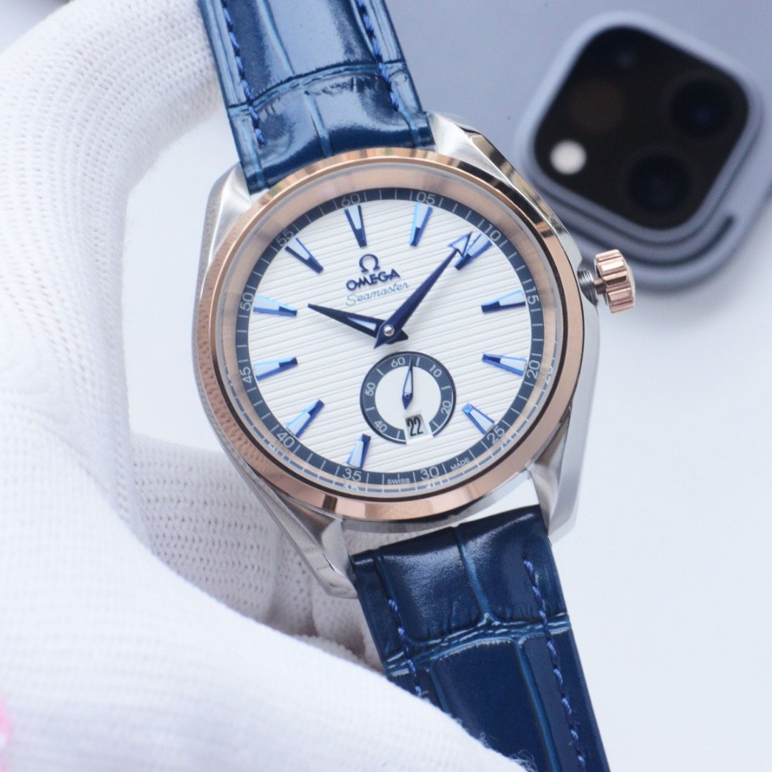OMEGA Blue Rose Gold White Dial Leather Strap Watch — hero