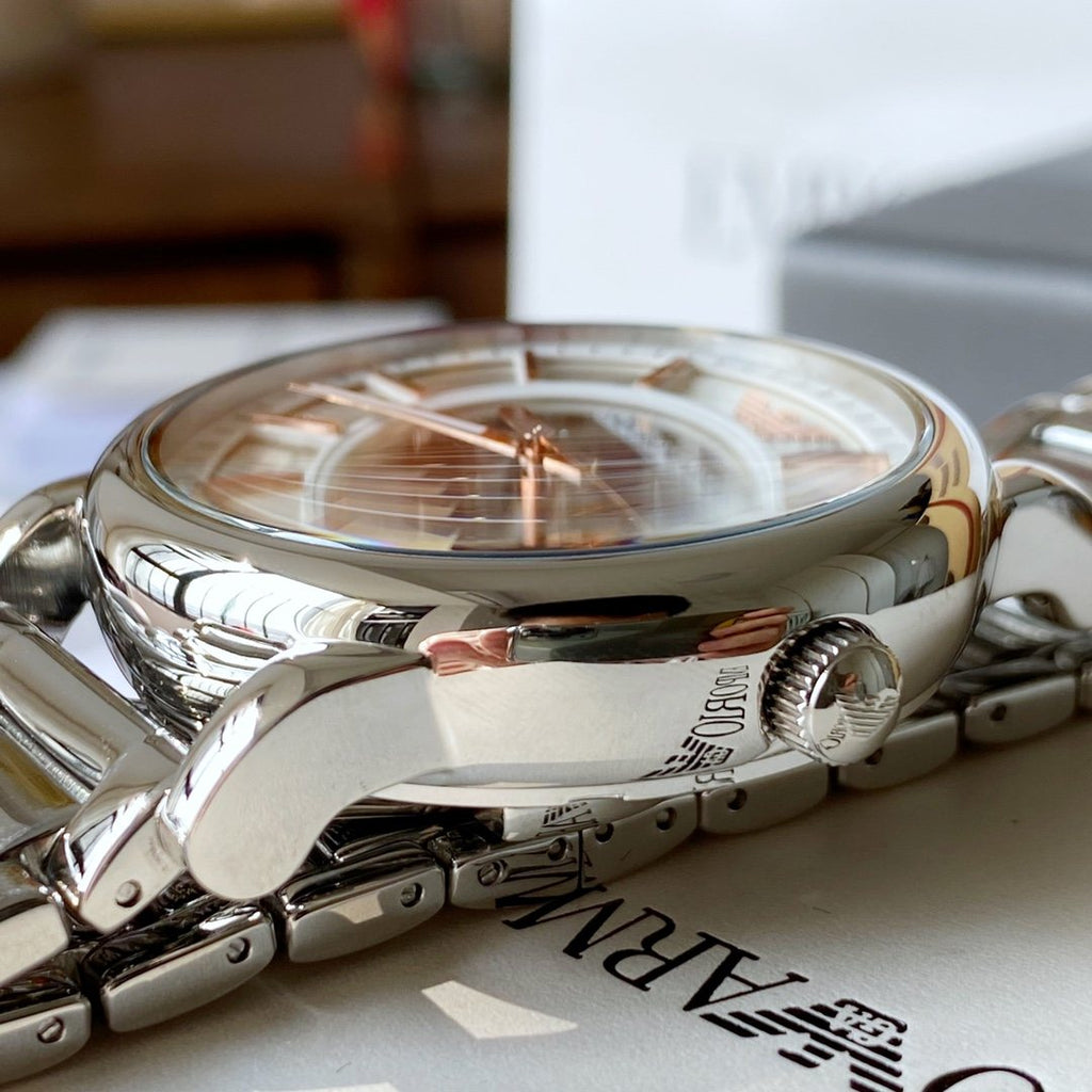 EMPORIO ARMANI Silver Skeleton Watch — side