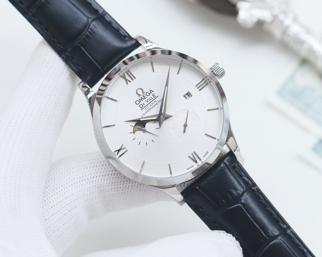 Omega Black White Dial Leather Strap Watch — front