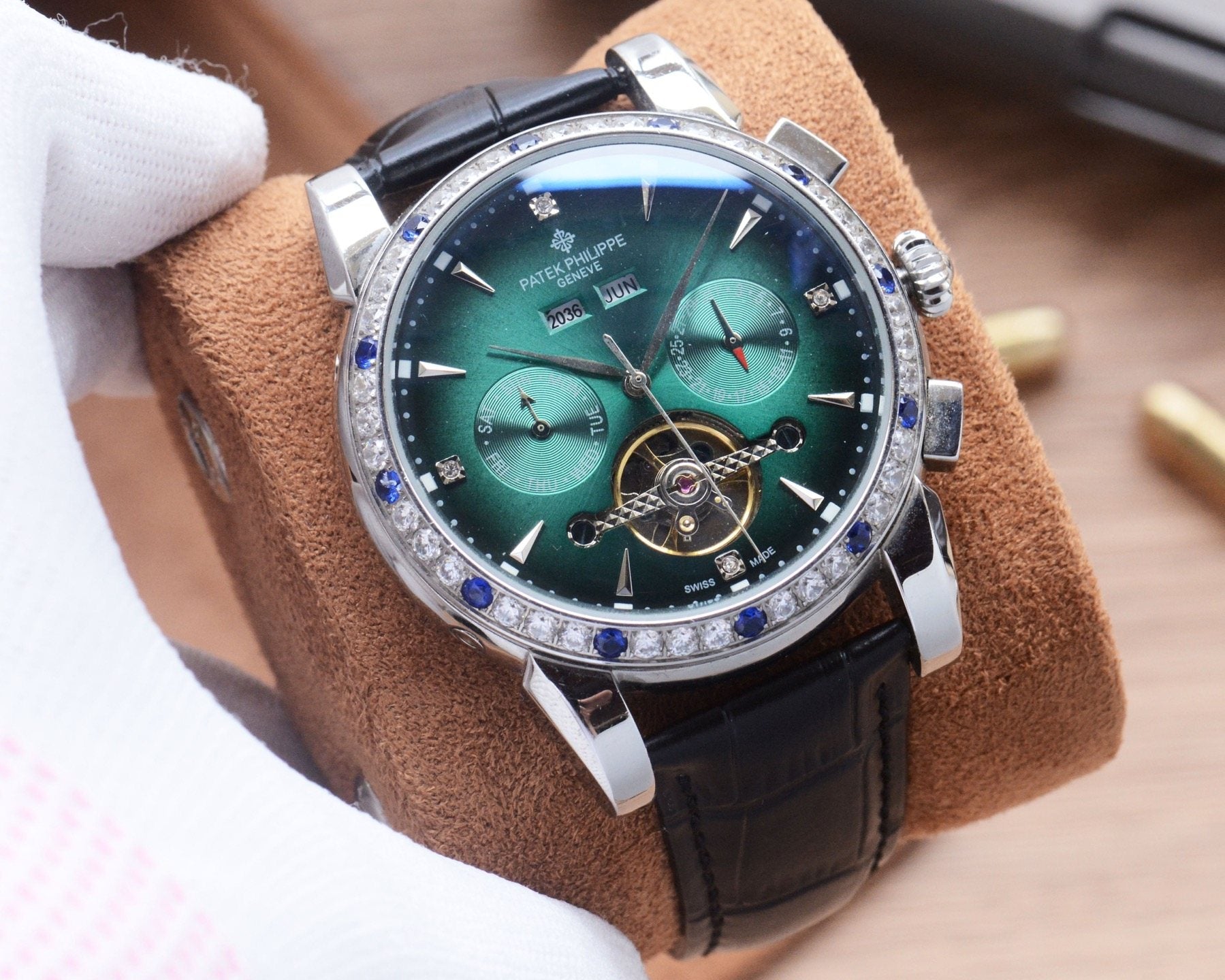 Patek Philippe White Black Green Dial Strap Watch — hero