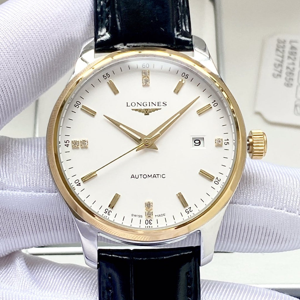 Longines Gold Black White Dial Leather Strap Watch — front
