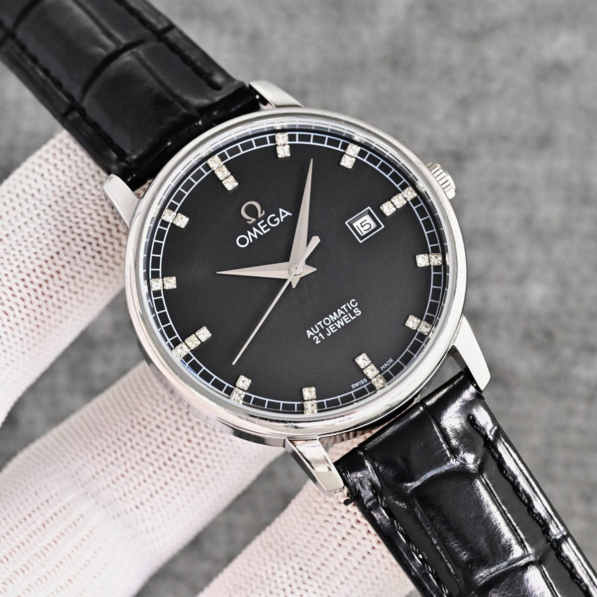 Omega Silver Black Dial Strap Watch — hero