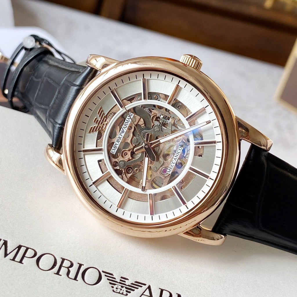 EMPORIO ARMANI Rose Gold Skeleton Watch — front