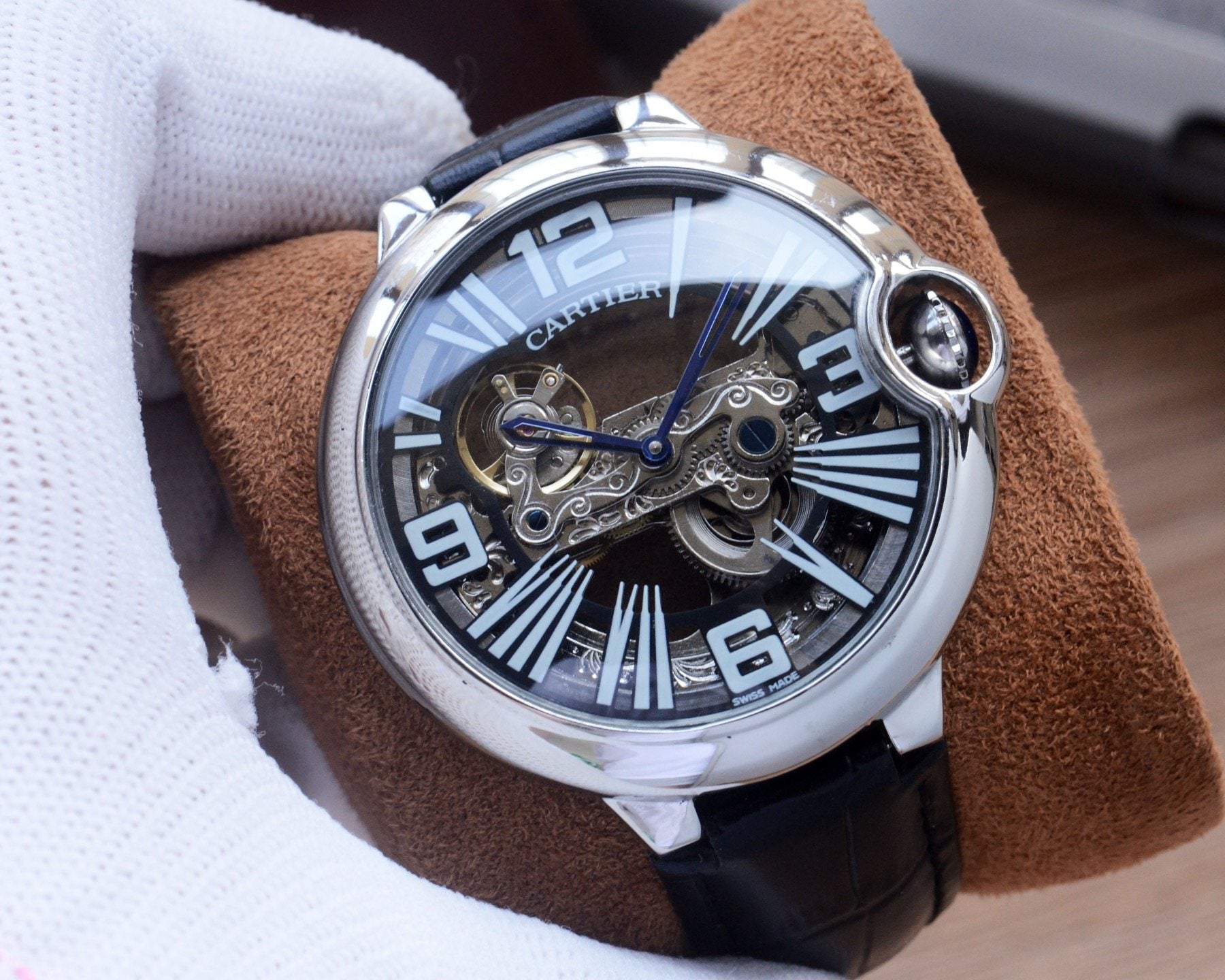 Cartier Black Silver Dial Leather Strap Watch — hero