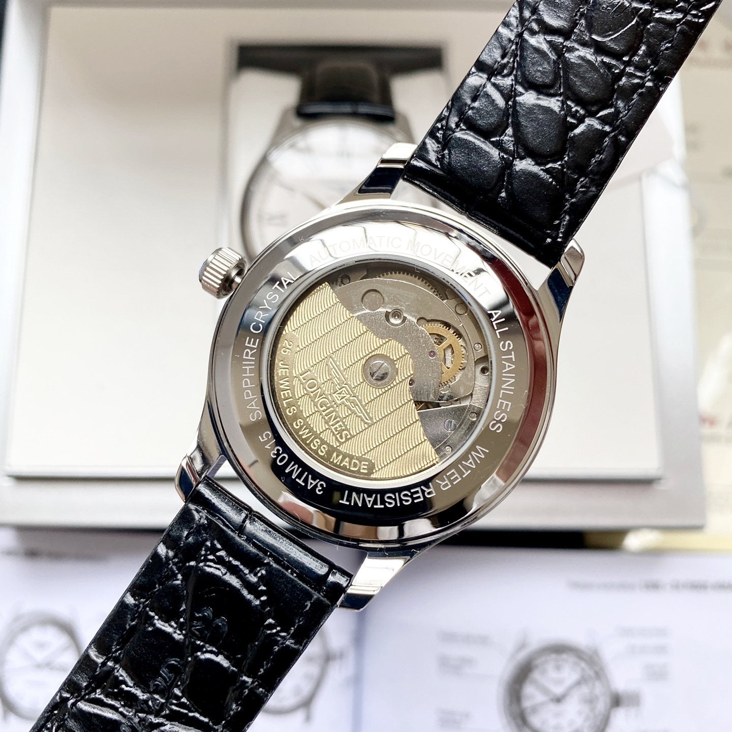 Longines White Dial Leather Strap Watch — back