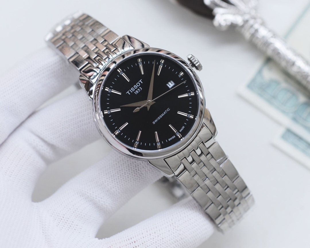 Tissot Silver Black Dial Bracelet Watch — front