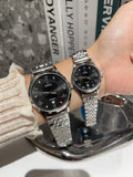 Omega Two Tone Silver Black Dial Bracelet Couple Watch Set — hero