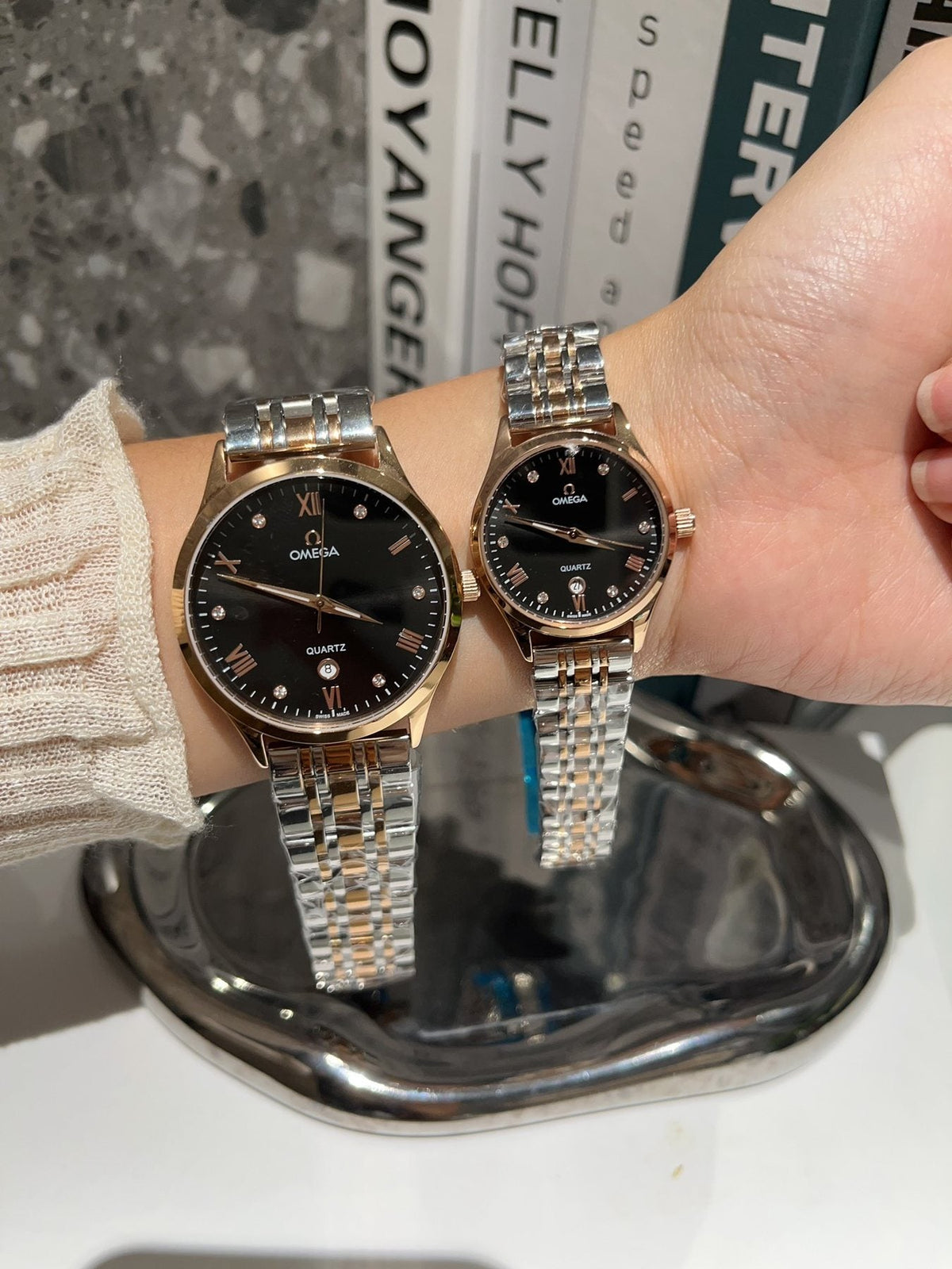 Omega Two Tone Silver Black Dial Bracelet Couple Watch Set — front