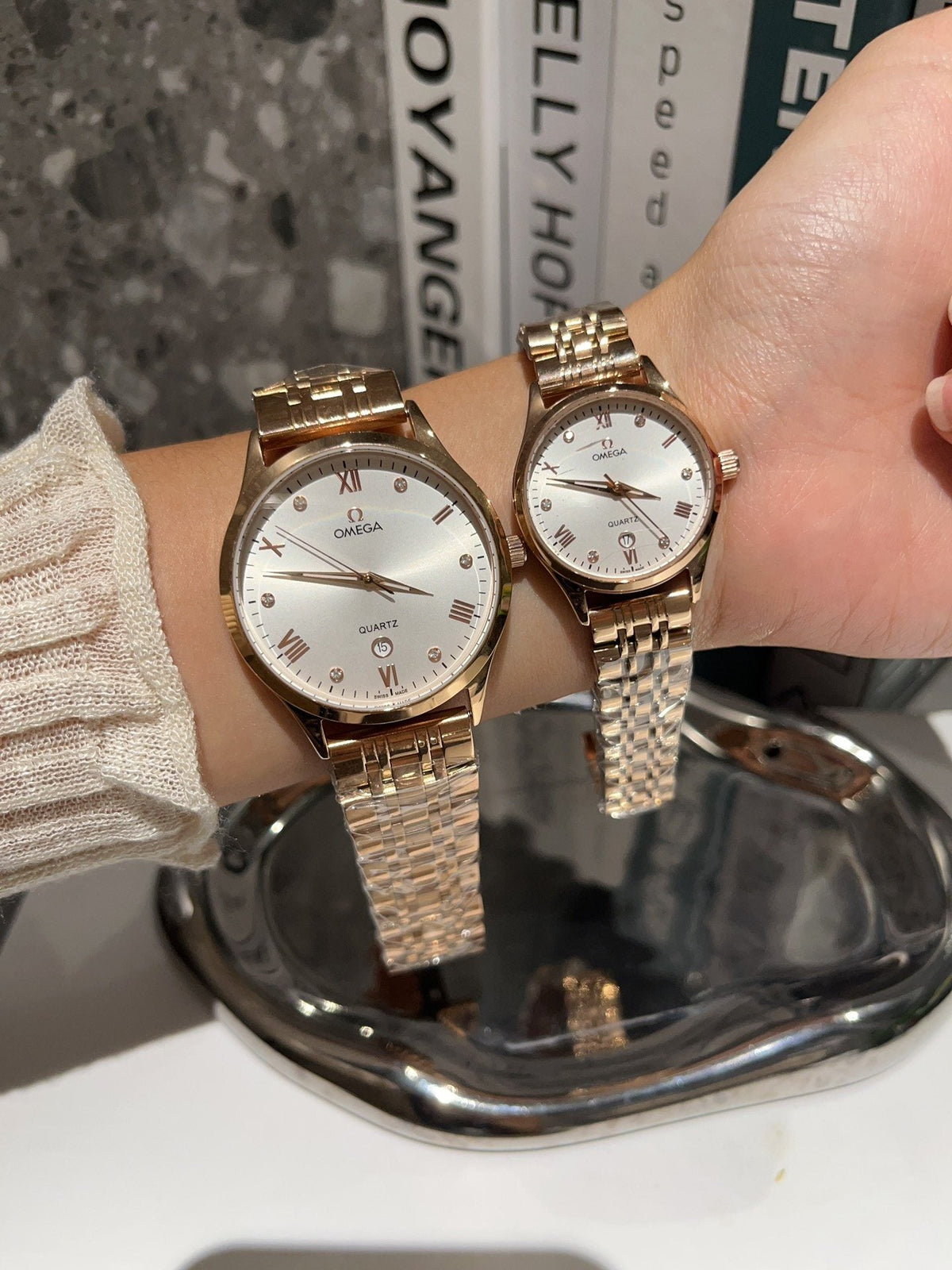 Omega Gold White Dial Bracelet Couple Watch Set — hero