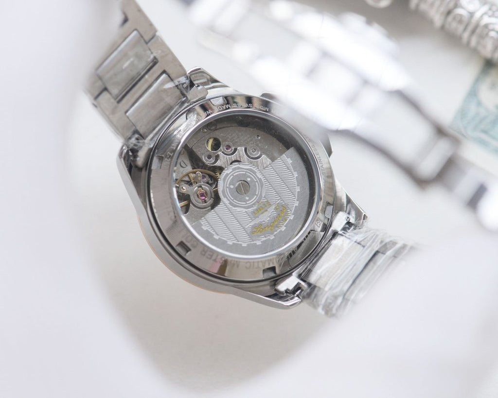 Longines Rose Gold Silver Blue Dial Bracelet Watch — back