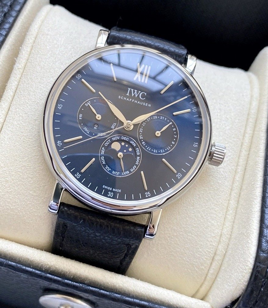IWC Silver Black Blue Dial Leather Strap Watch — hero