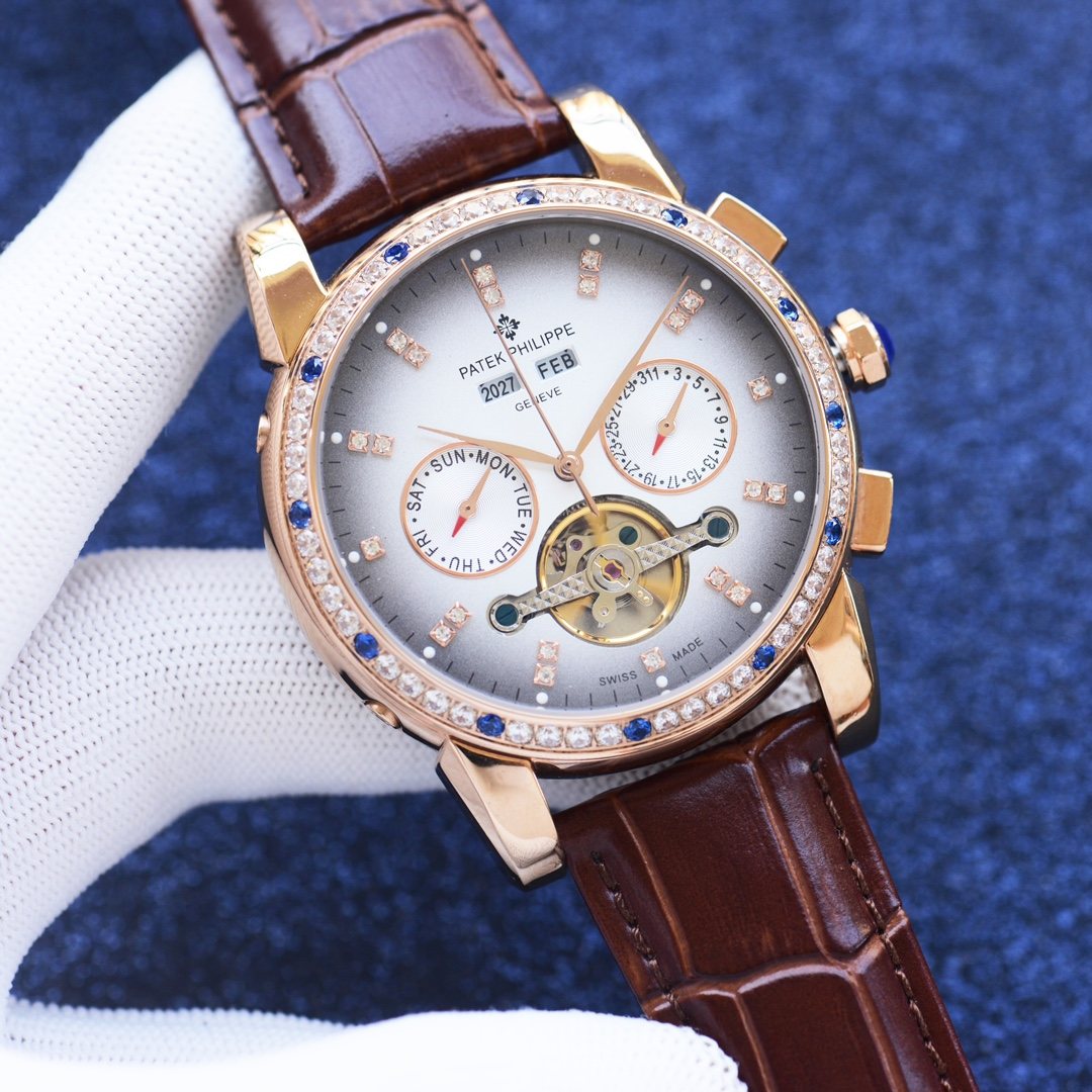 Patek Philippe Rose Gold Brown White Dial Leather Strap Watch — hero