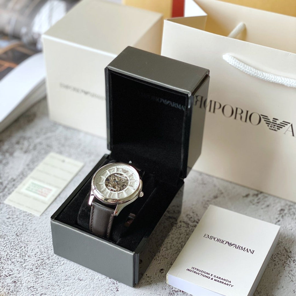 EMPORIO ARMANI Silver White Leather Strap Watch — front