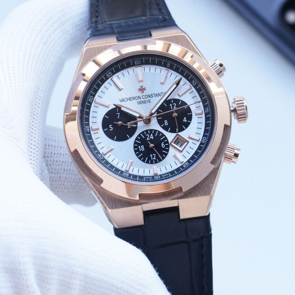Vacheron Constantin Rose Gold Black White Dial Strap Watch — front