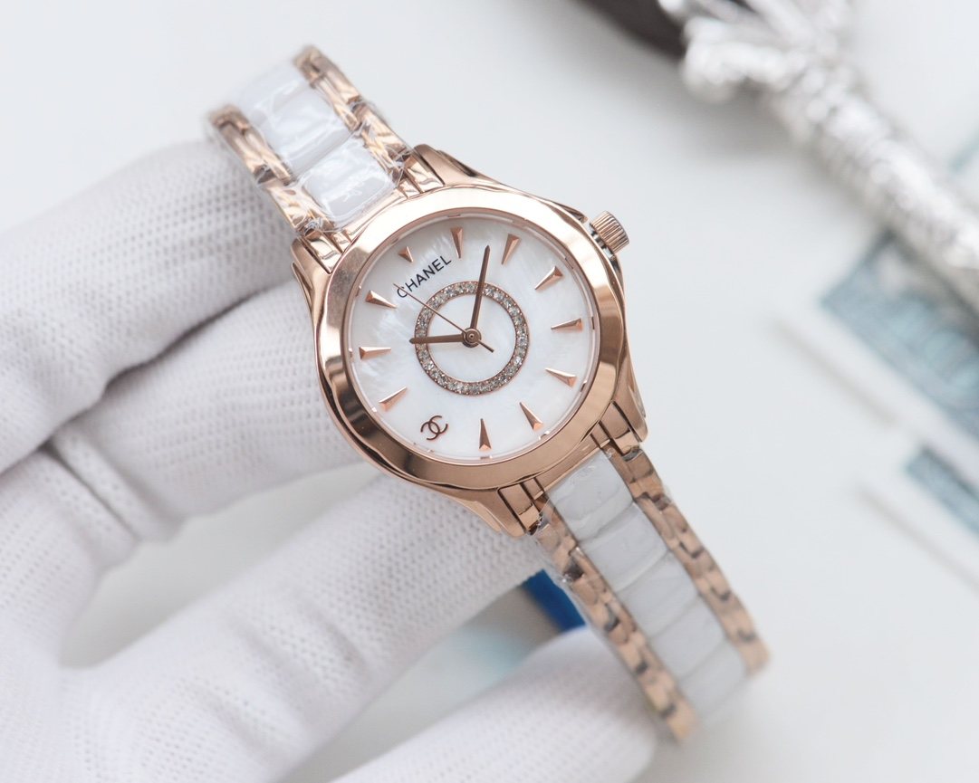 Chanel Rose Gold White Dial Bracelet Watch — front