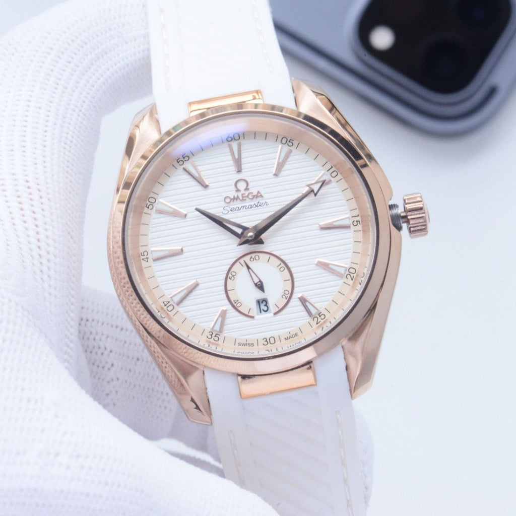 OMEGA Rose Gold White Dial Strap Watch — front