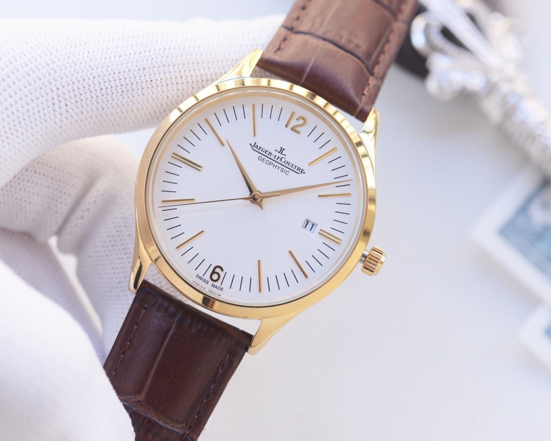 Jaeger-LeCoultre Gold Brown White Dial Leather Strap Watch — hero