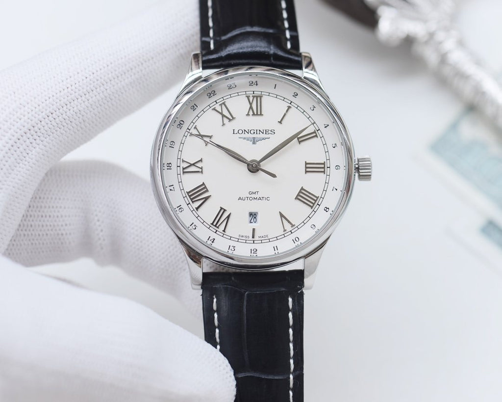 Longines Silver Black White Dial Leather Strap Watch — front