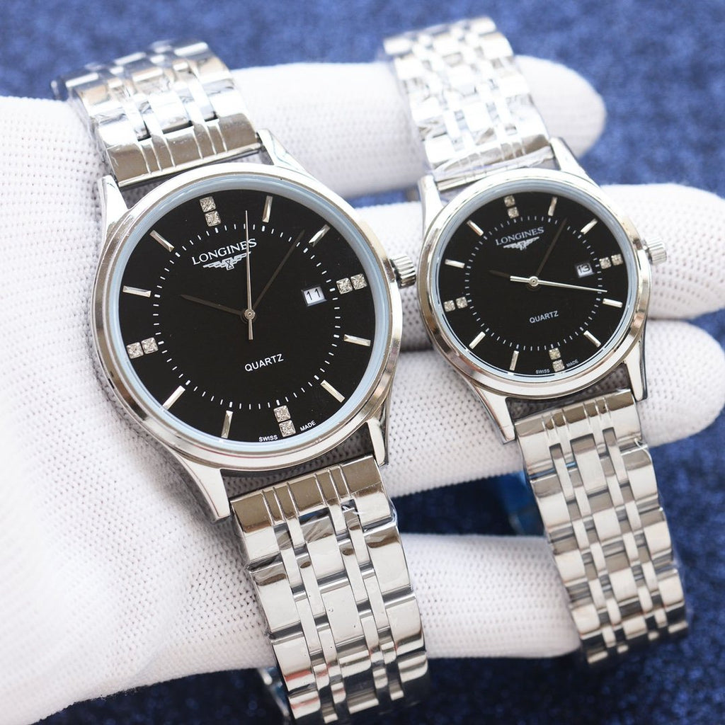 Longines Silver Black Dial Leather Strap Couple Watch Set — hero