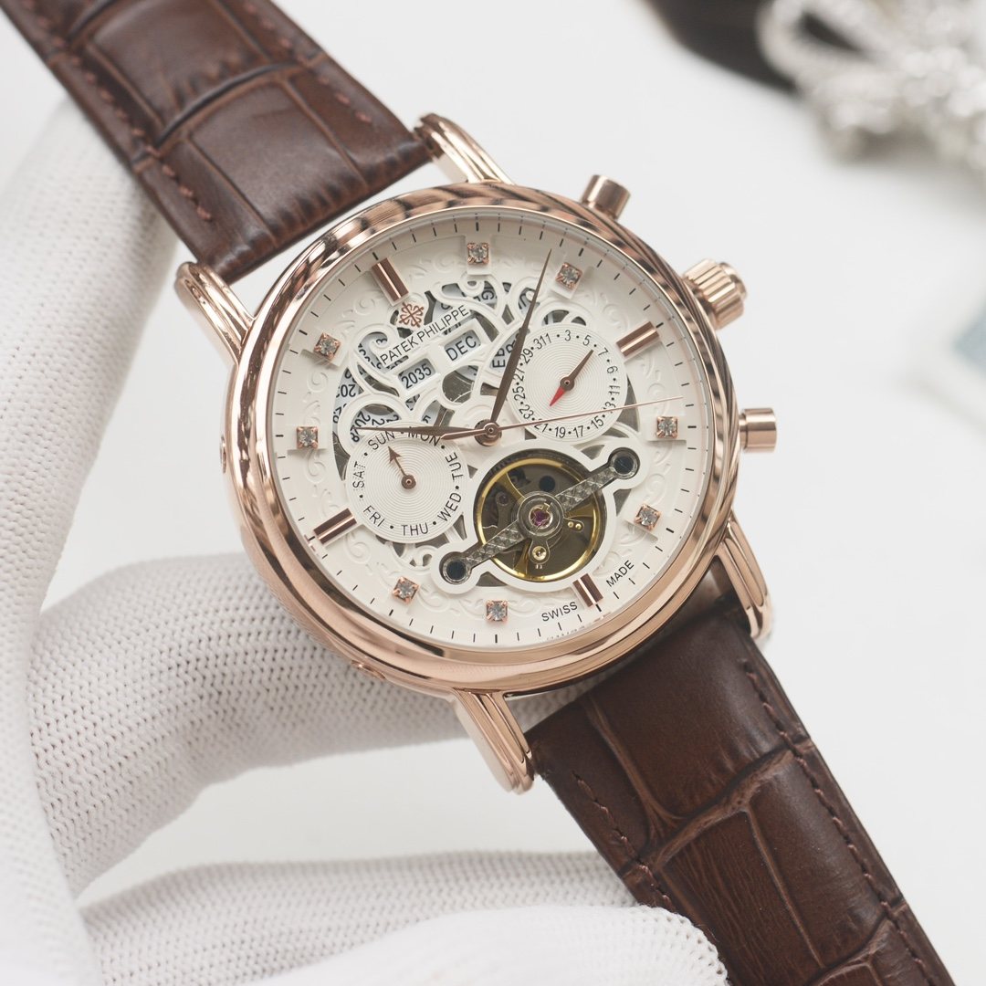 PATEK PHILIPPE Brown Rose Gold Leather Strap Watch — hero