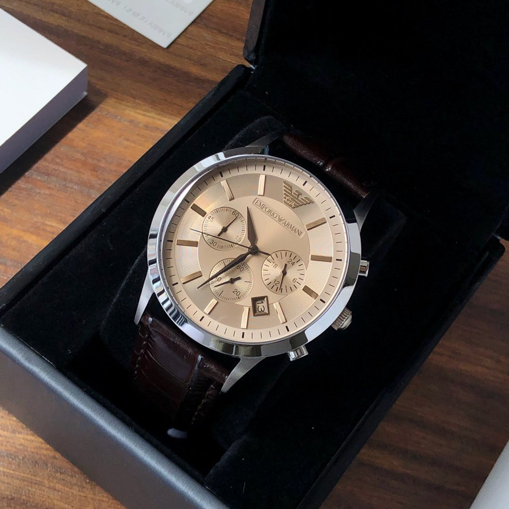 EMPORIO ARMANI Silver Brown Strap Watch — front