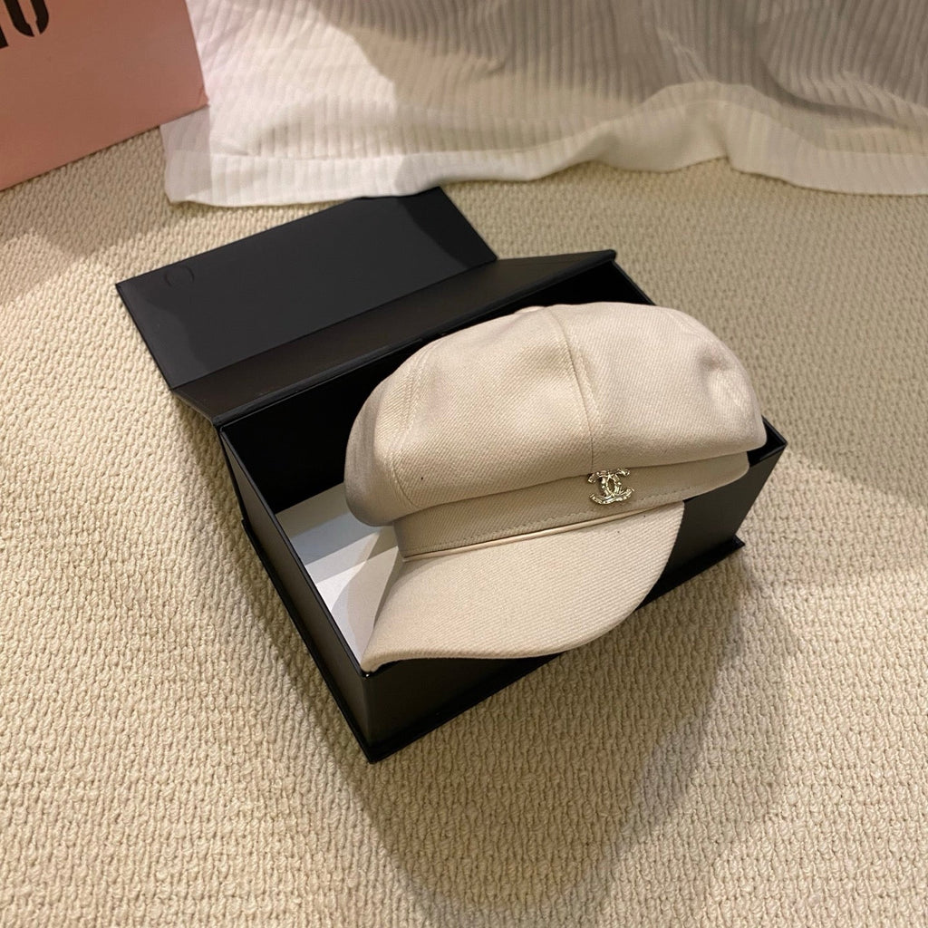Chanel Crystal Logo Wool Newsboy Cap