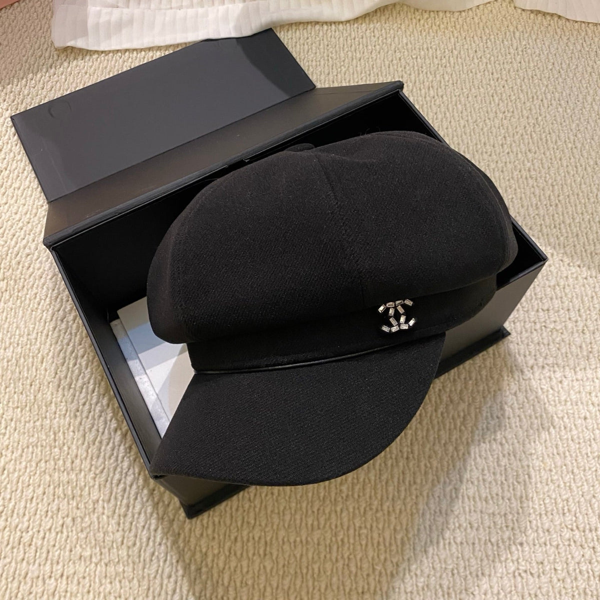 Chanel Crystal Logo Wool Newsboy Cap