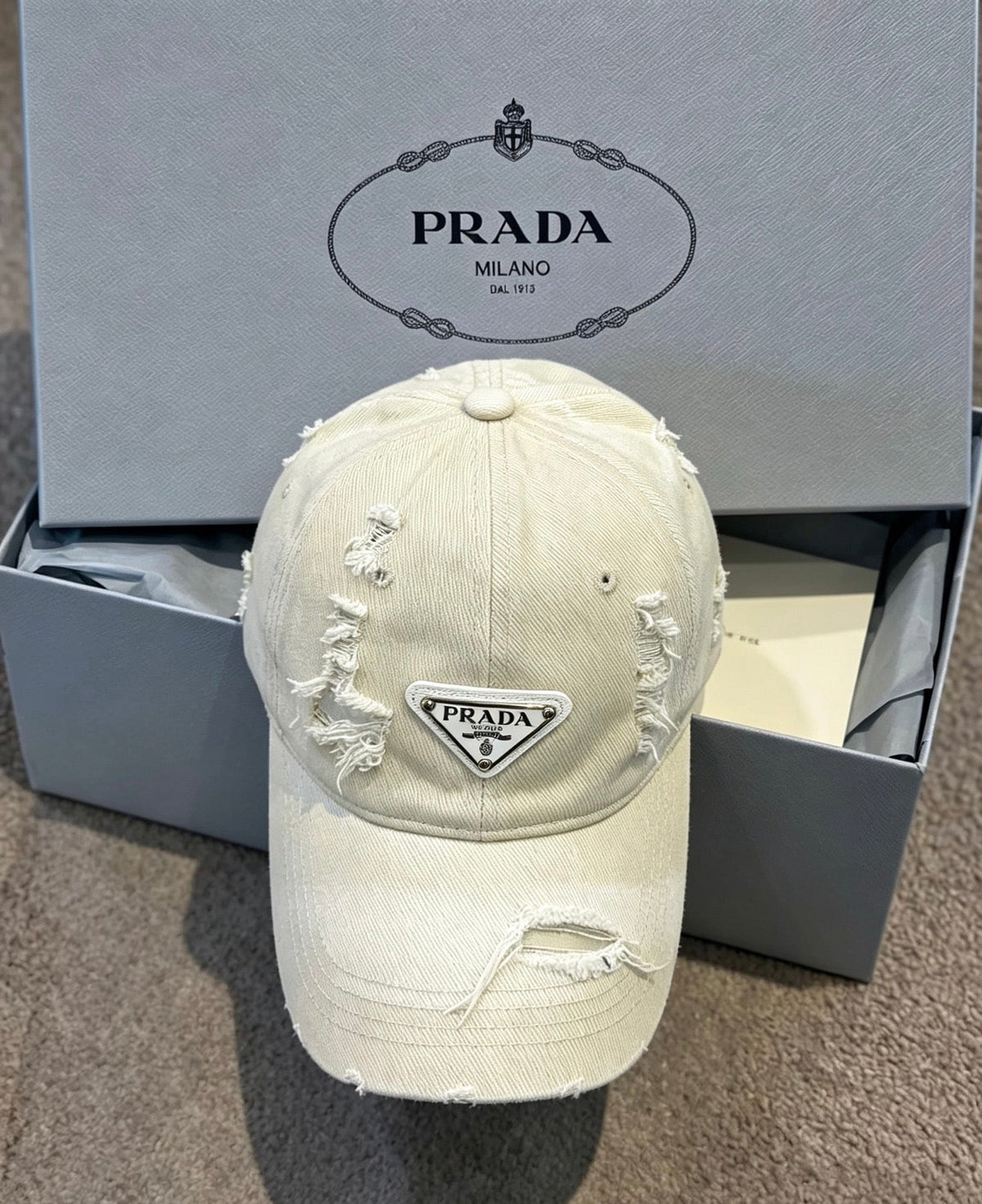 Prada Washed Distressed Triangle Logo Baseball Cap